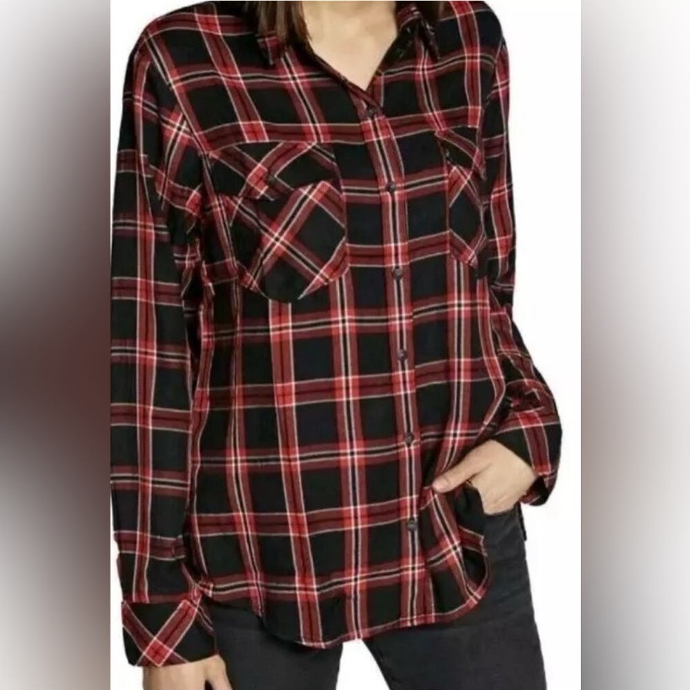 Sanctuary Women’s Boyfriend Red Plaid Button Up Snap Button Top Size Large